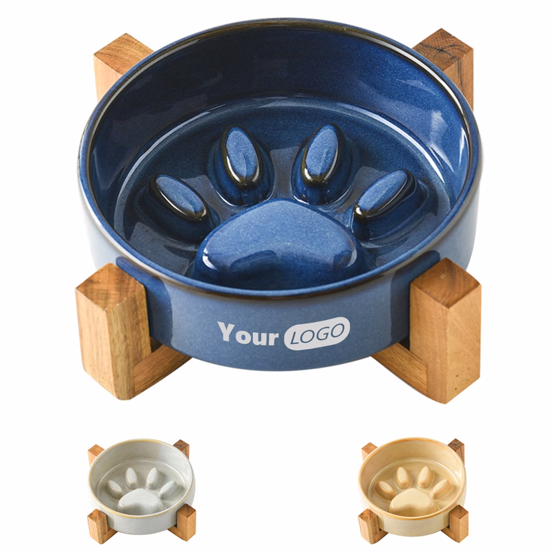 Ceramic Pet Slow Food Anti Choking Bowl With Wooden Frame