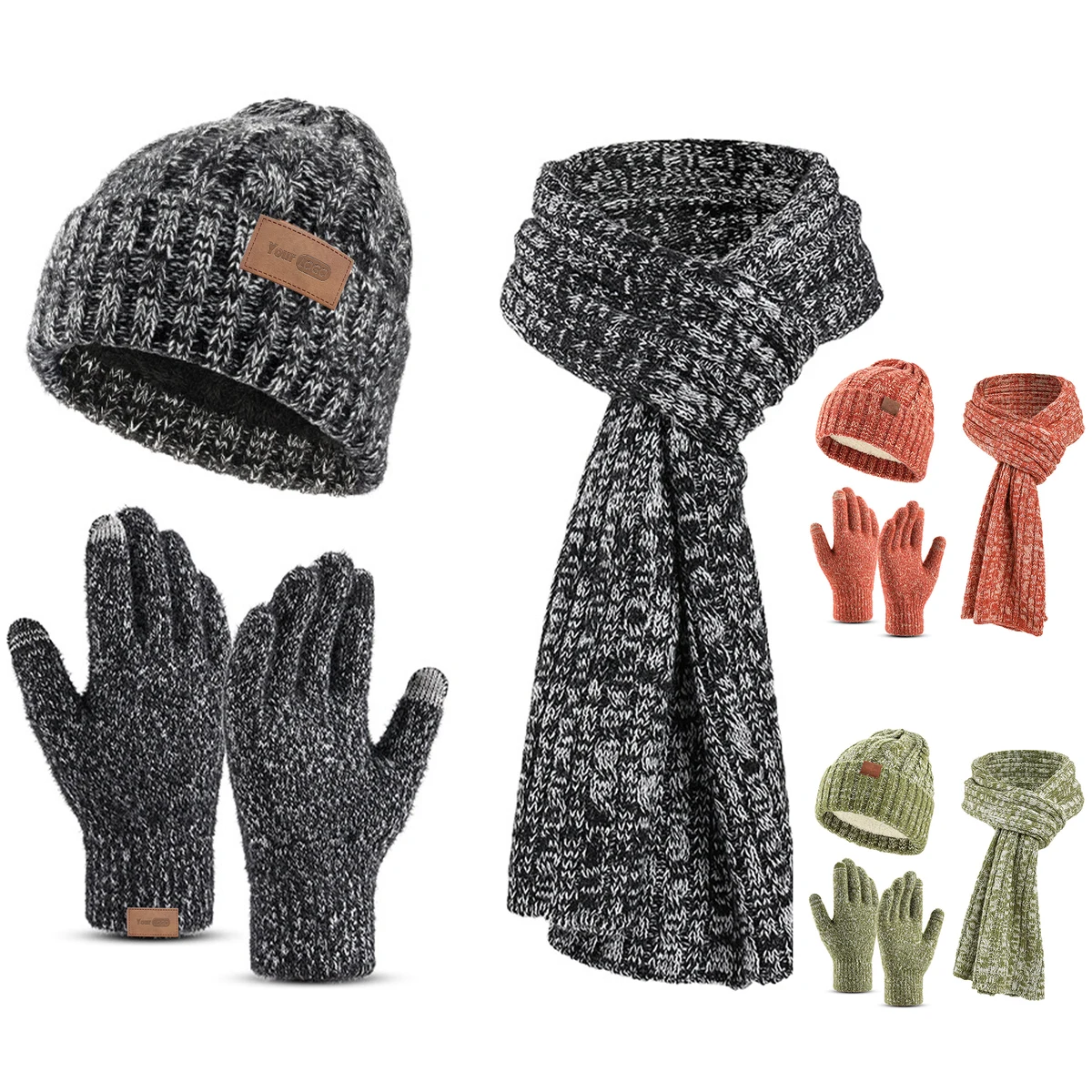Beanie+Long Scarf+Touch Screen Gloves Set for Women Men, custom jacket with logo imprint 1