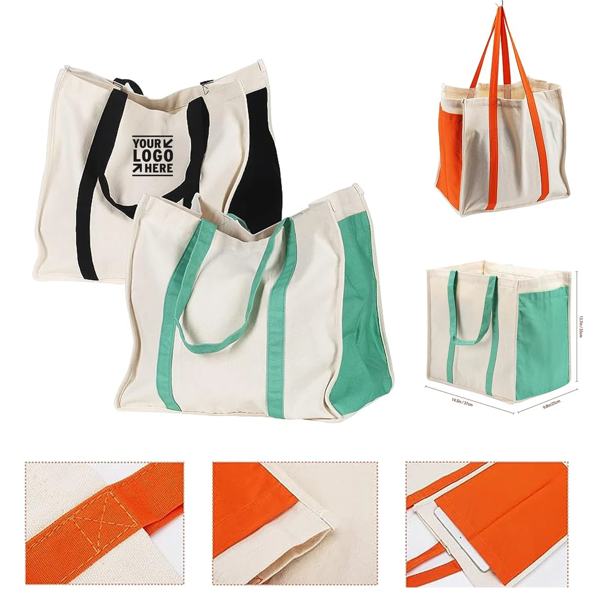 Large Utility Side Pocket Heavy Duty Reusable Cotton Canvas Grocery Tote Bag, custom tote bag with logo imprint 1