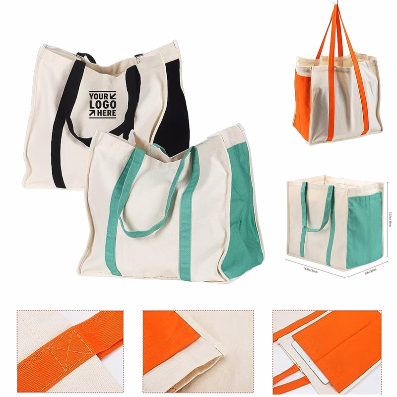 Large Utility Side Pocket Heavy Duty Reusable Cotton Canvas Grocery Tote Bag