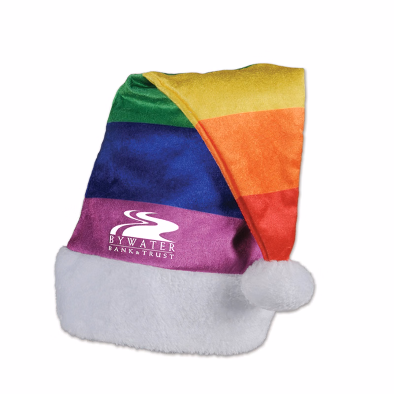 Rainbow Velvet Santa Hats w/ White Plush Trim and Custom Screen Print