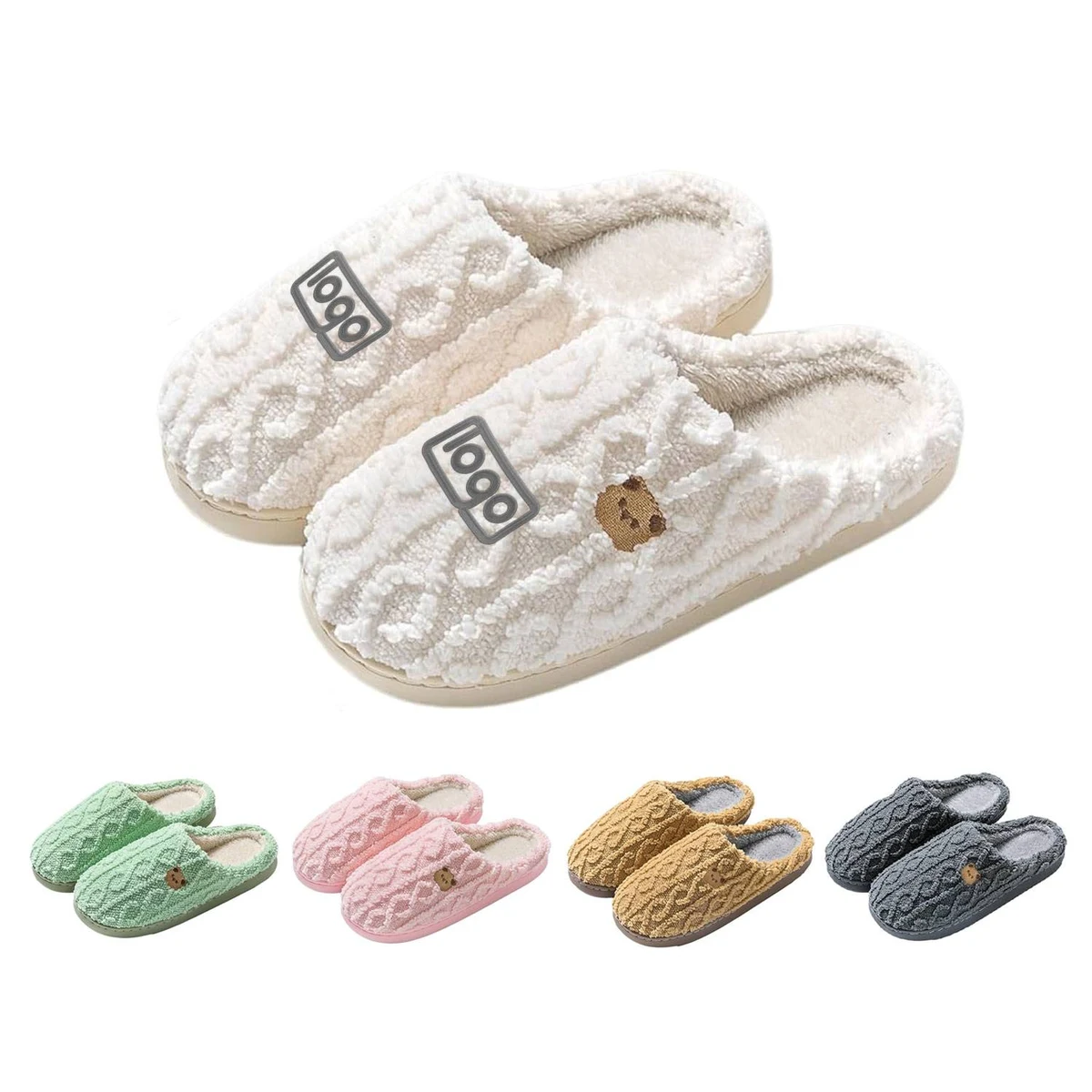 Cute Bear Print Plush Winter Slippers 1