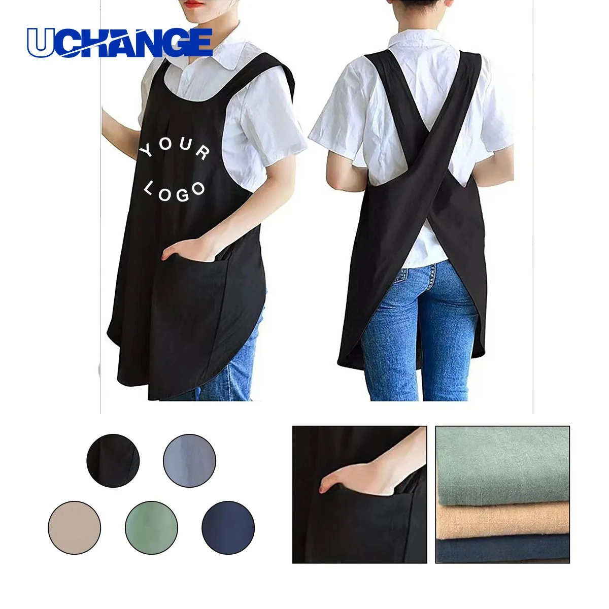 Cotton Linen Apron with Cross Back Design and Pockets for Kitchen Use 1