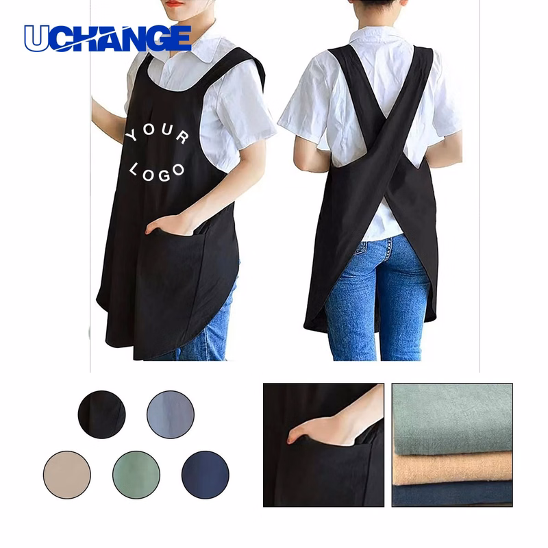 Cotton Linen Apron with Cross Back Design and Pockets for Kitchen Use
