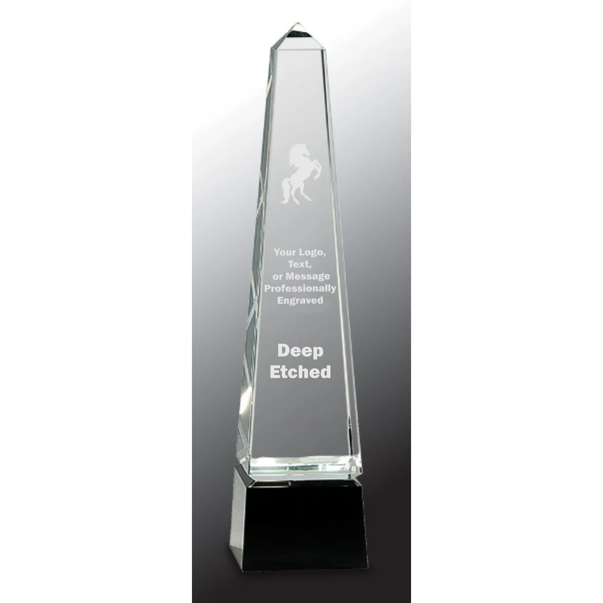 12" Obelisk Crystal on Black Pedestal Base Award 1