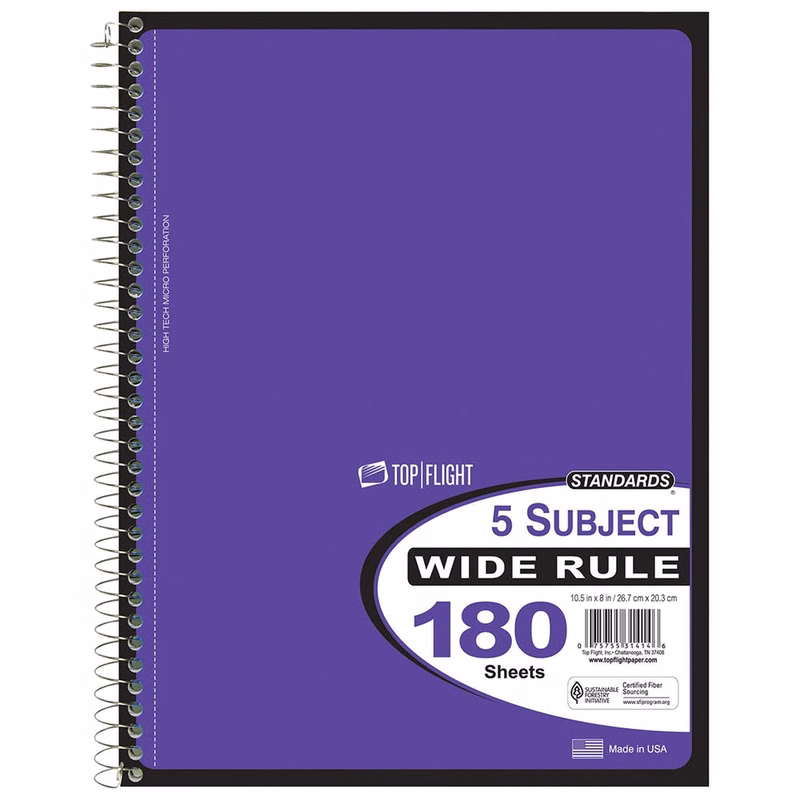 5 Subject Spiral Notebooks - Wide Ruled 180 Sheets 5 Colors