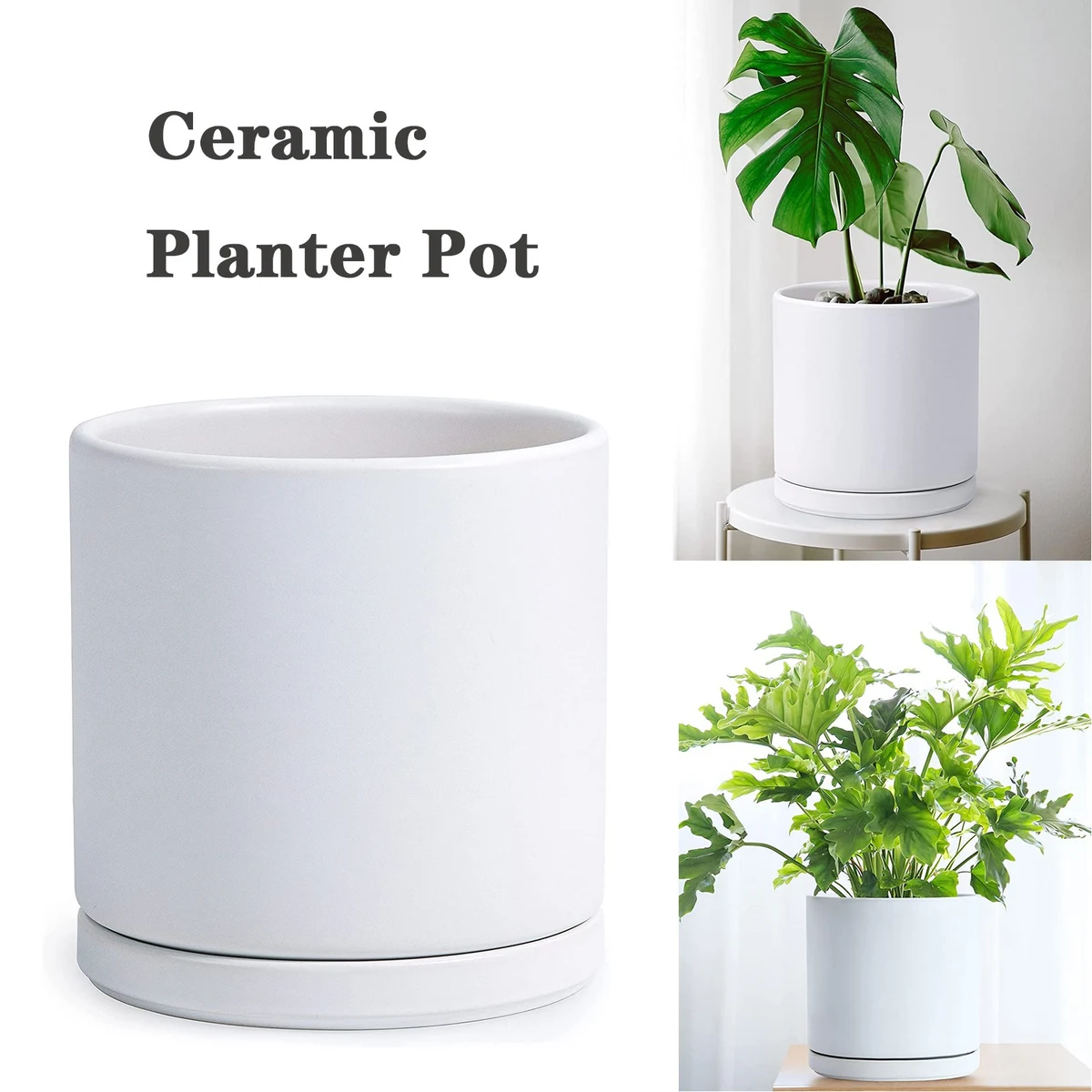 10 Inch Ceramic Planter Pot with Drainage Hole and Saucer 1