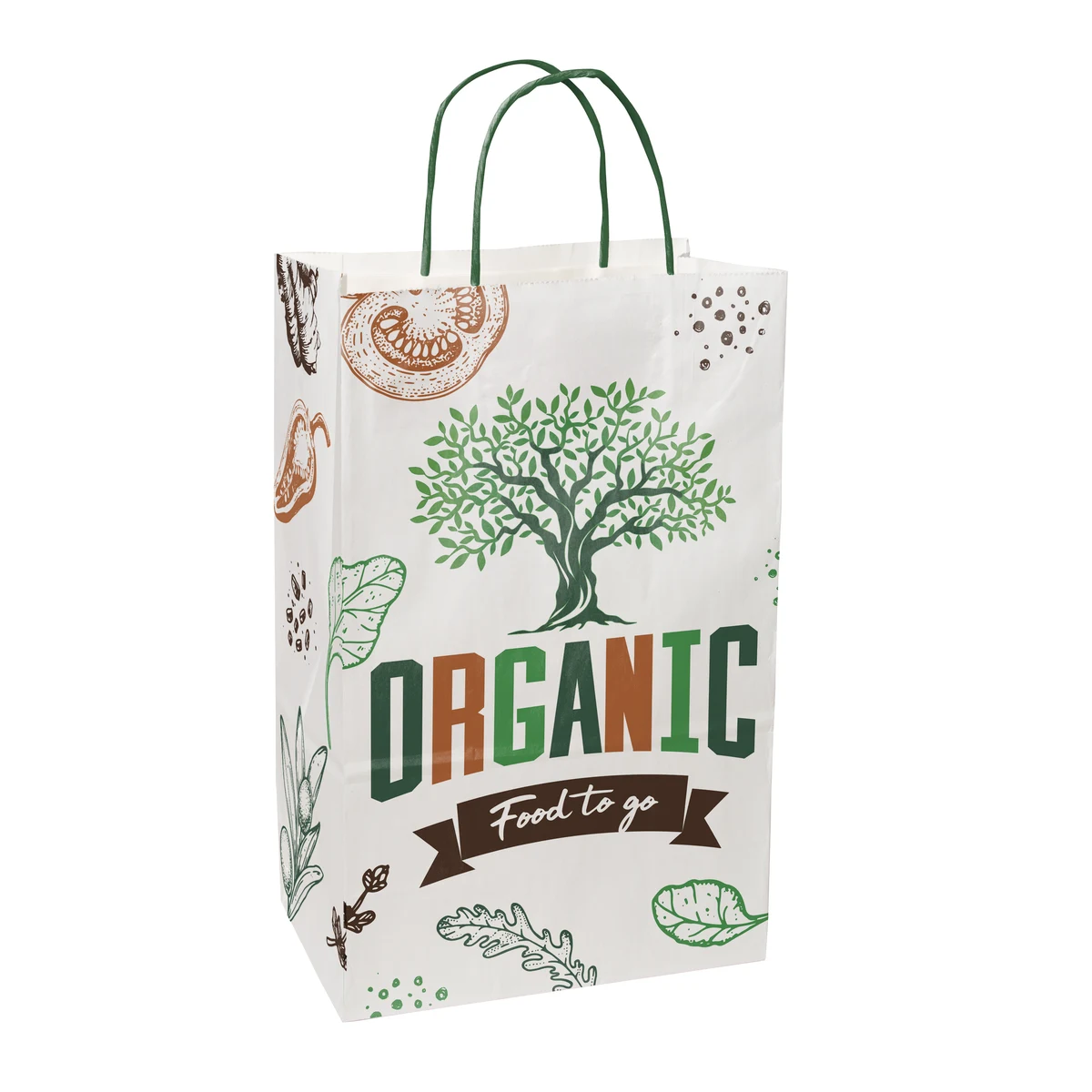 Multi-sided Full Color White Shopper Paper Bag - Green Handle (8.5" x 13.375" x 5") 1