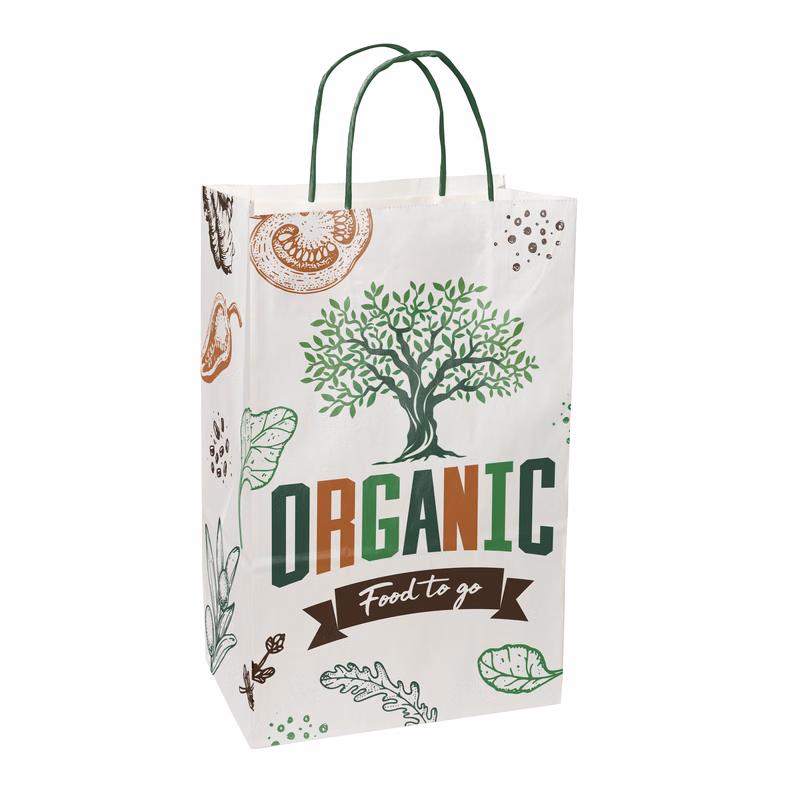 Multi-sided Full Color White Shopper Paper Bag - Green Handle (8.5" x 13.375" x 5")