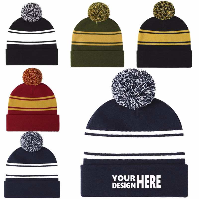 Jacquard Pom Striped Knitted Cuffed Beanie
