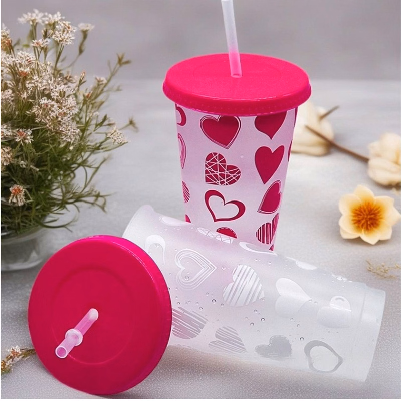 24oz Color Changing Plastic Cold Drink Cup w/ Straw