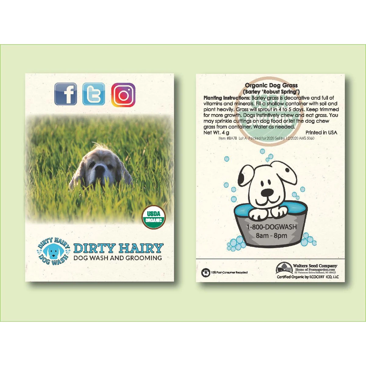 Organic Dog Grass Seed Packet - Barley Grass -Standard Size 3.25" x 4.5" 1