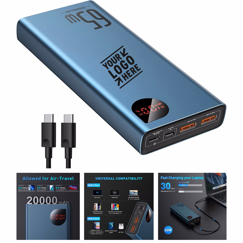 65W 20000mAh Portable Fast Charging USB C 4-Port PD3.0 Battery Pack Laptop Charger Power Bank 