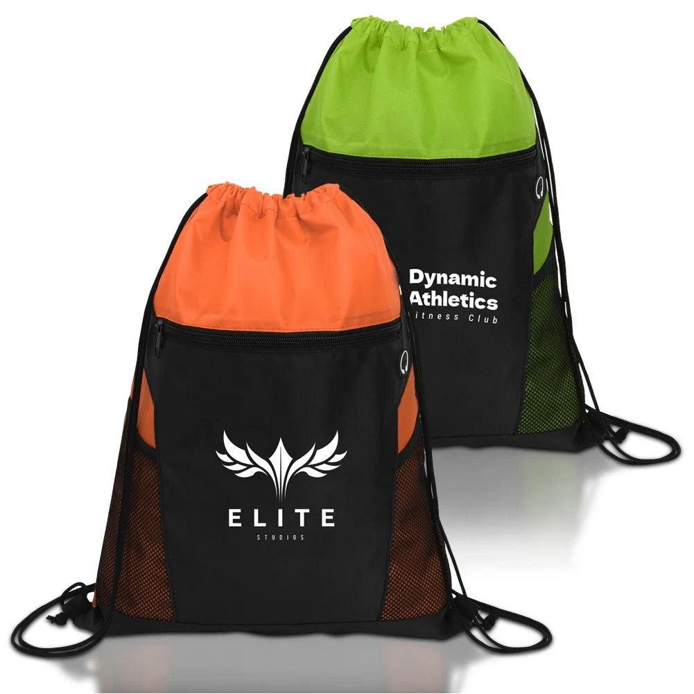 Promotional Zippered Drawstring Backpack With Mesh Pockets 1
