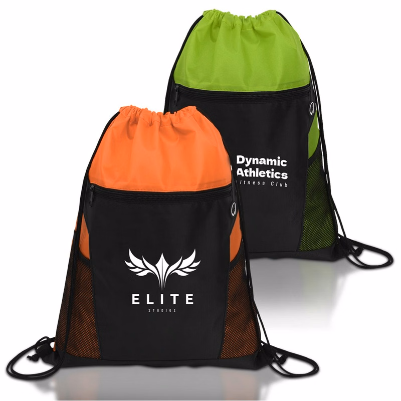 Promotional Zippered Drawstring Backpack With Mesh Pockets