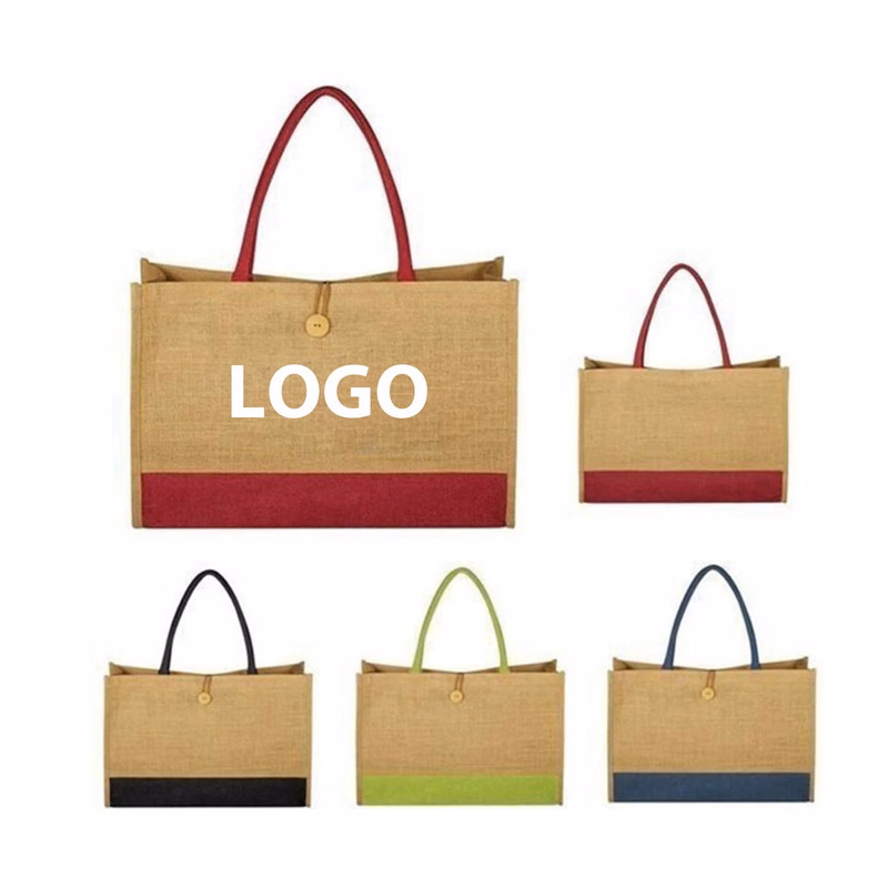 Colorful Burlap Tote Bags W/ A Button