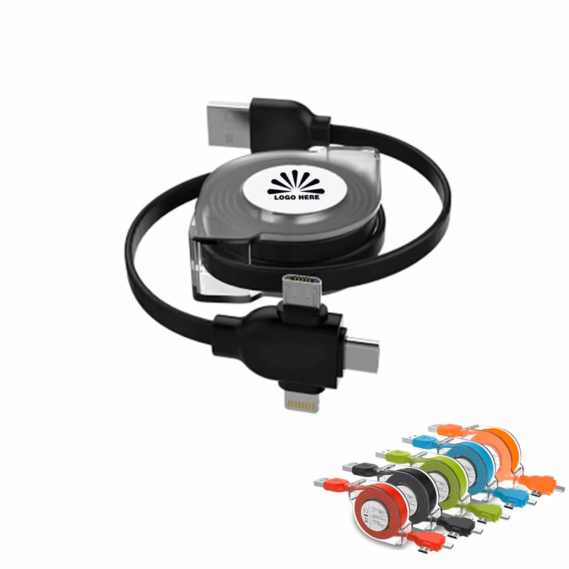 Three-In-One Retractable Data Cable With Customizable Logo