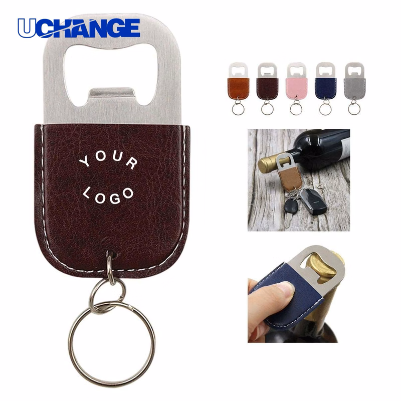 PU Leather Covered Bottle Opener Keychain Tool Compact Design