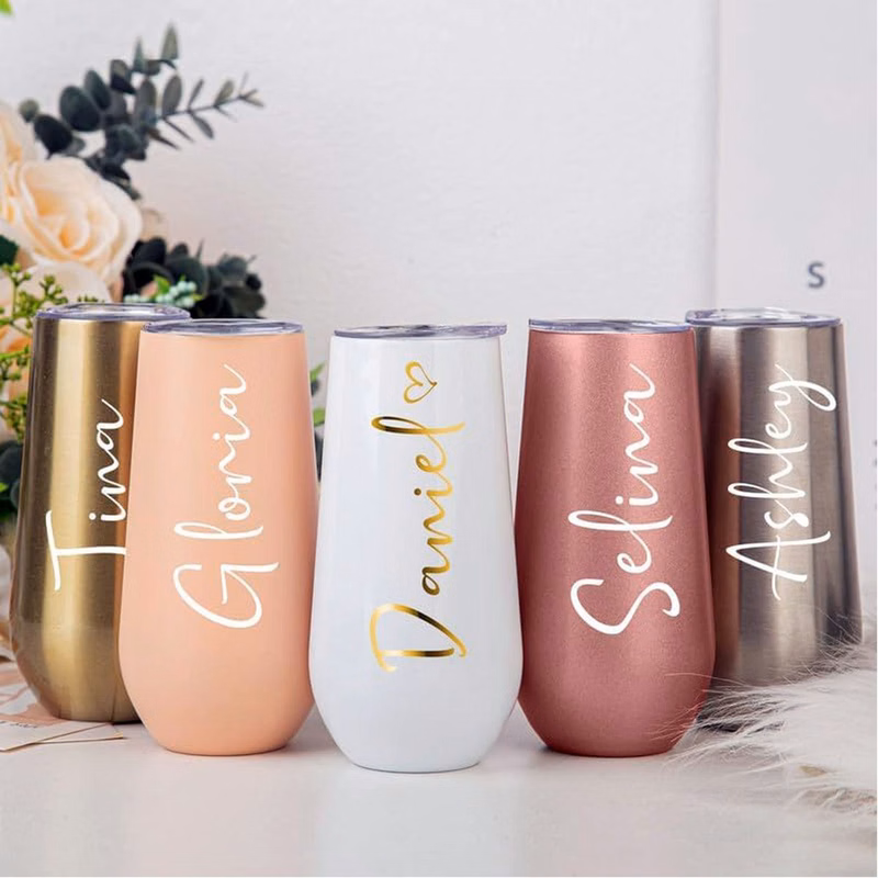 Champagne Flutes Wine Tumbler, 6 Oz Insulated Stainless Steel Wine Glass, Reusable Stemless Tumbler