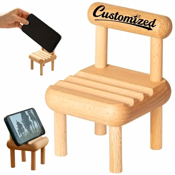 Custom Mini Wooden Chair Phone Stand with Natural Finish — Desk Display