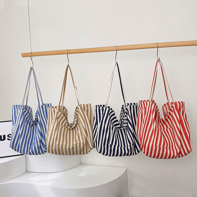 Striped canvas beach and casual tote bag