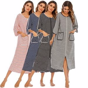 Zipper Front Half Sleeve Stripe Long Loungewear Women