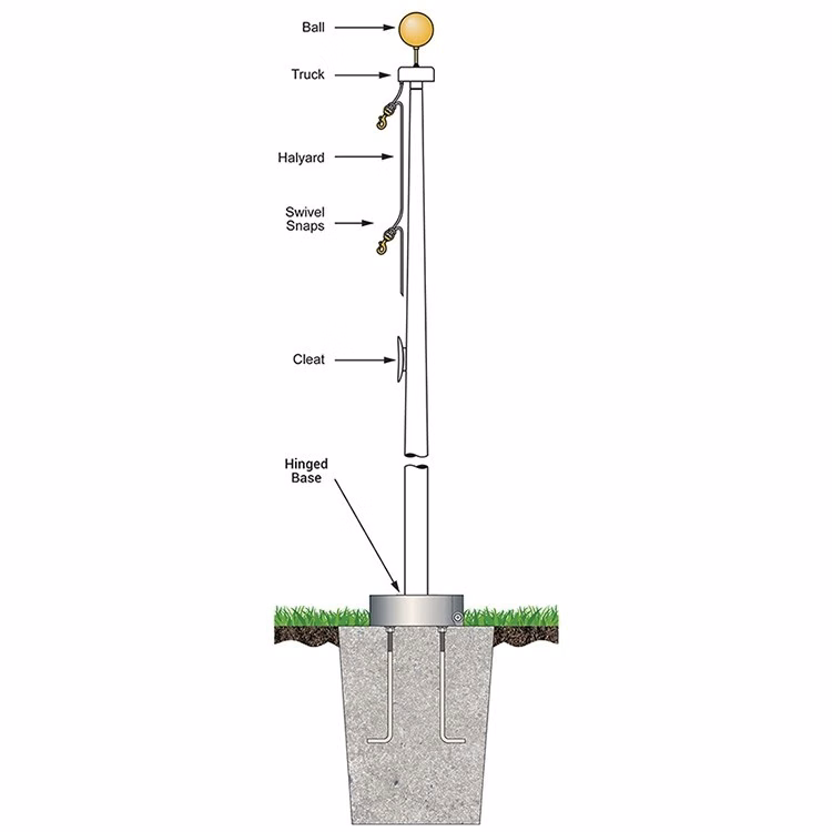 30' White Fiberglass Flagpole External Halyard - Hinged Base