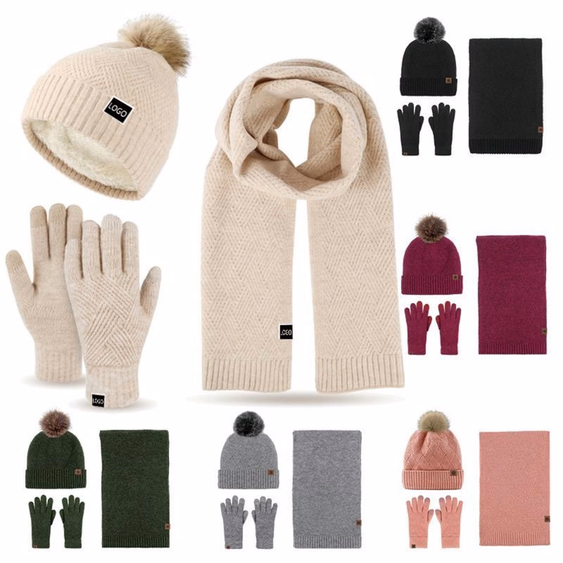 Three-Piece Thick Woolen Knitted Beanie Gloves And Scarf Set