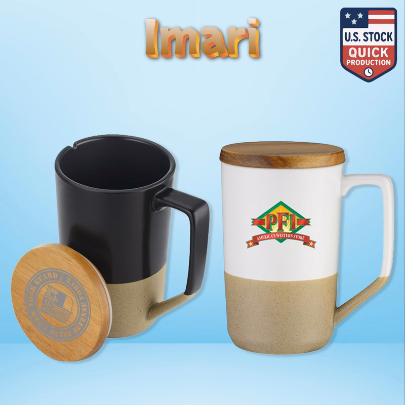 Imari Modern Two-Tone 15oz Mug with Curved Handle and Wood Lid