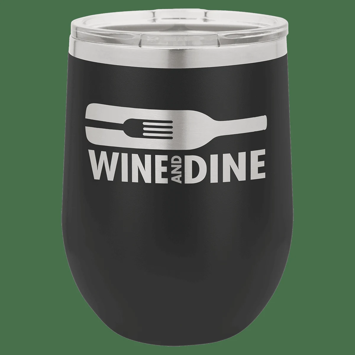 12 oz. Black Laser Engraved Polar Camel Stemless Wine Tumbler w/Clear Lid 1