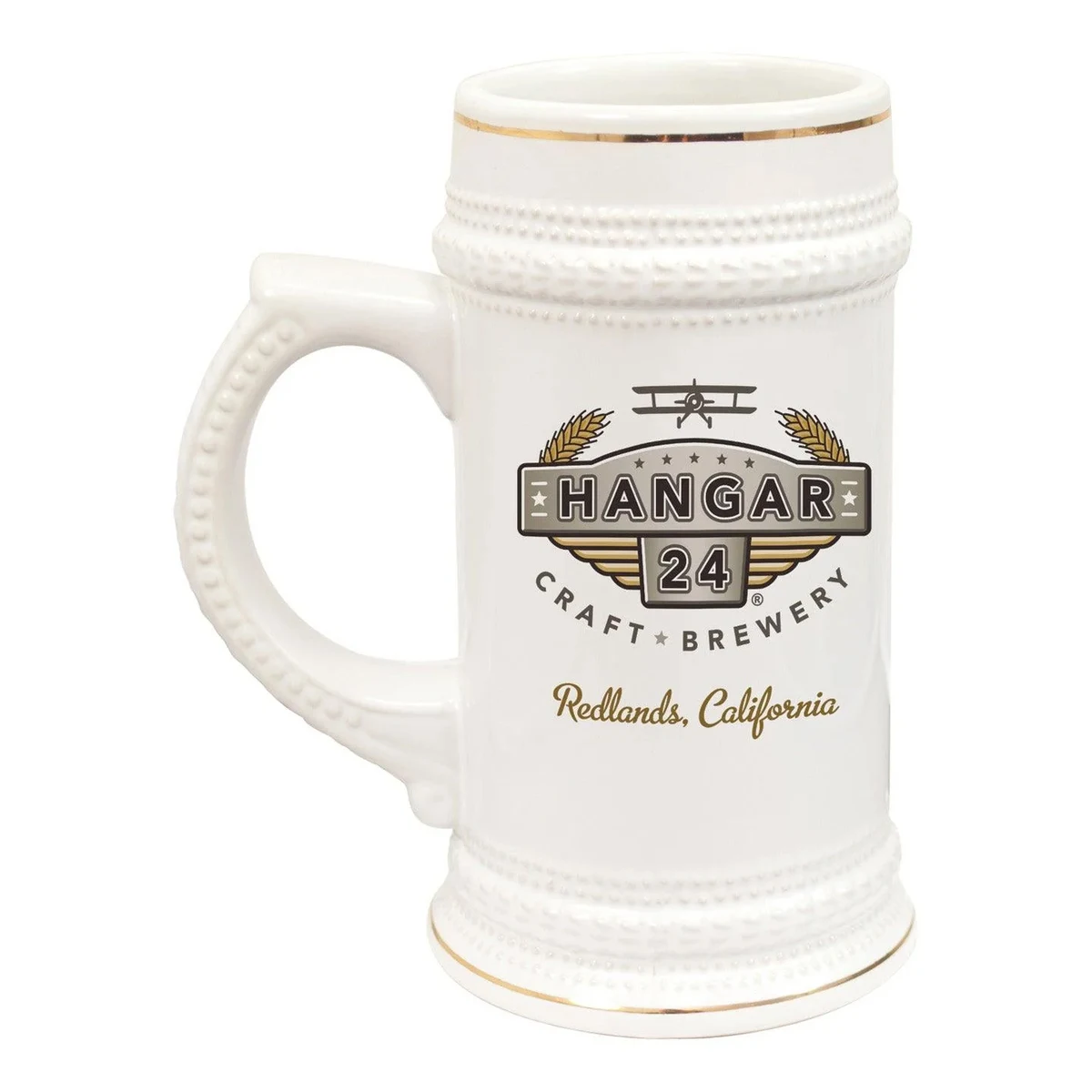 20 Oz Full Color Ceramic Stein (White w/Gold Accent) 1