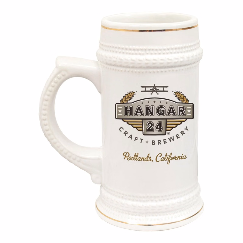 20 Oz Full Color Ceramic Stein (White w/Gold Accent)
