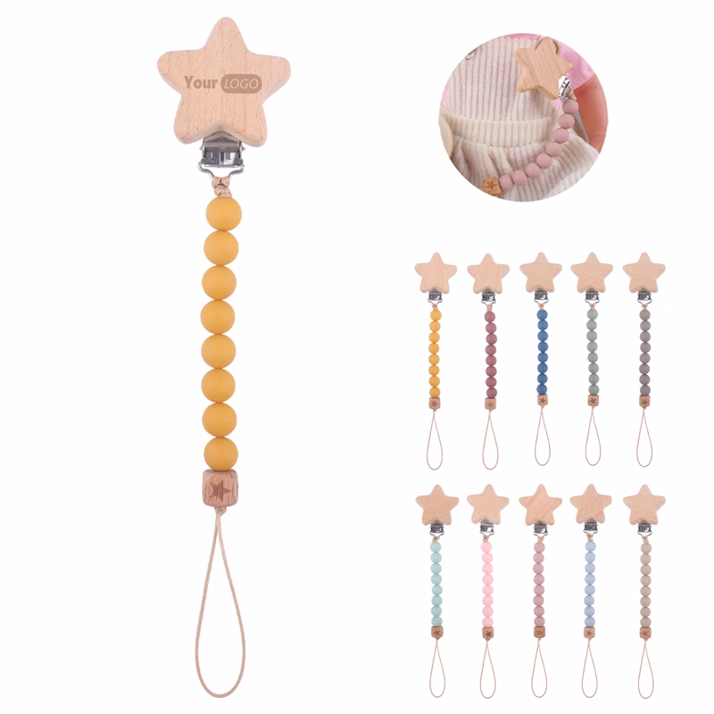 Beech Wood Star Silicone Bead Pacifier Clip
