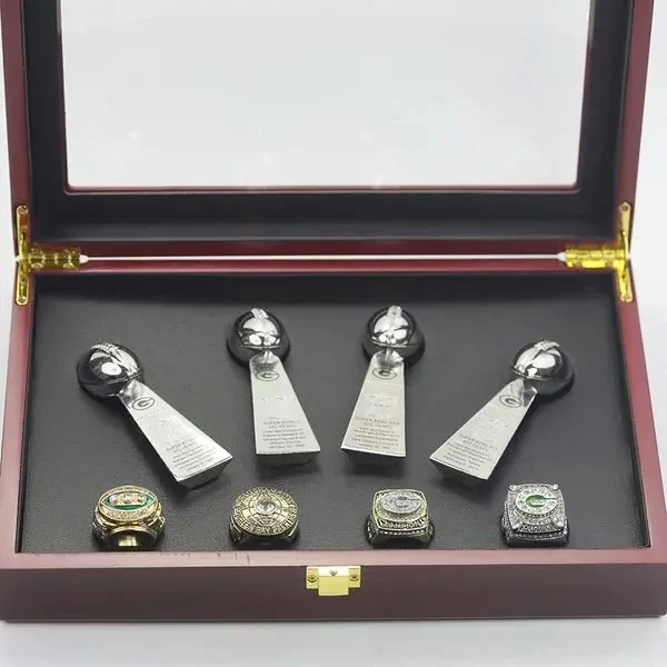4 Green Bay Packers Championship Rings Set with 4 Trophies 1