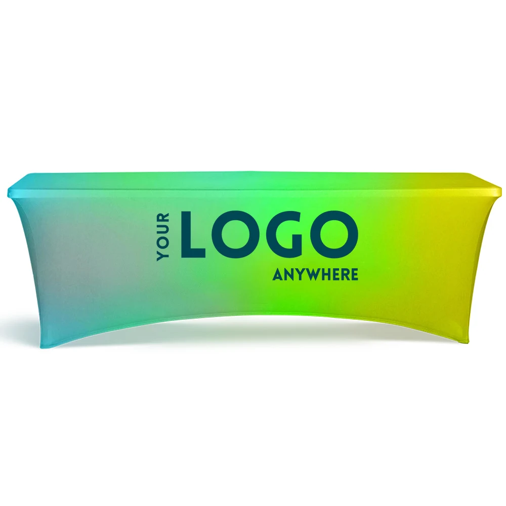 8' Fitted, 4 Sided Contour Stretch All-Over Imprint Table Cover 1