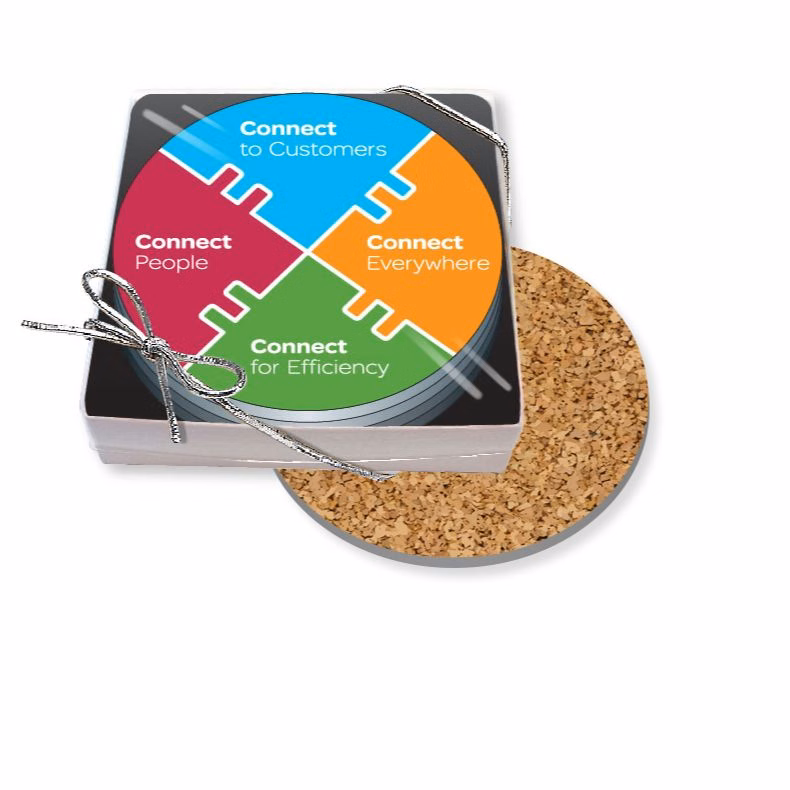 Gift Boxed Set of 4 Premium Round Coasters .060 Gloss Copolyester Top & 1/16" cork base Full Colour