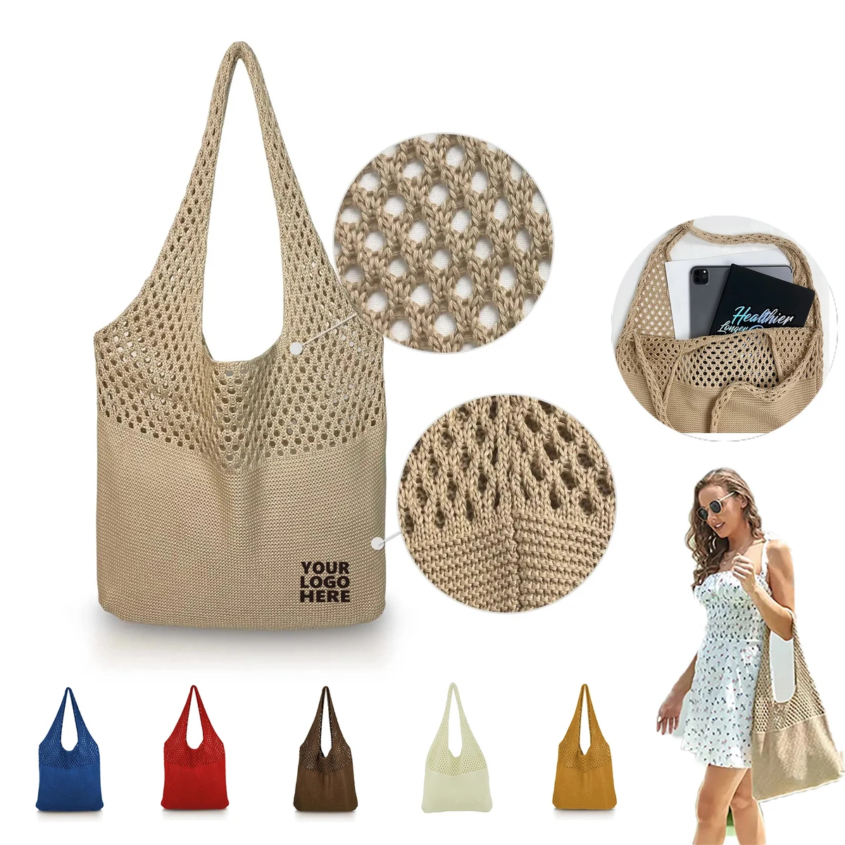 Portable Reusable Knitted Grocery Tote Bags, custom tote bag with logo imprint 1