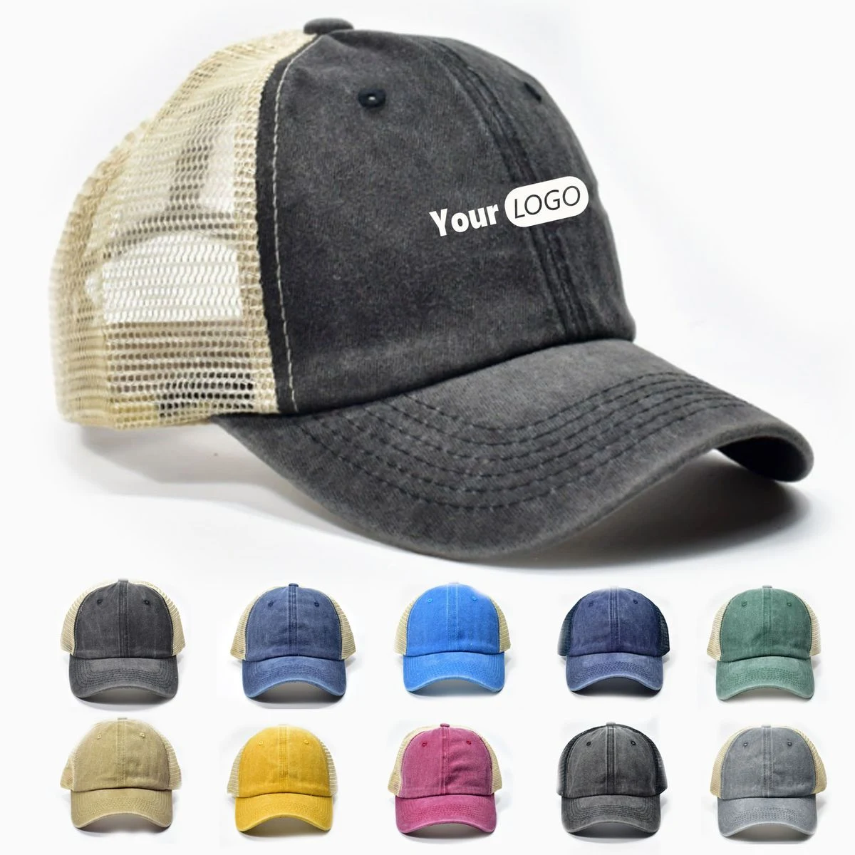 Vintage Washed Mesh Trucker Hat Custom Embroidery Logo 1