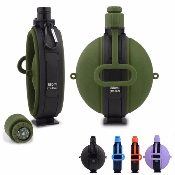 19.6oz Silicone Outdoor Water Bottle Canteen with Compass