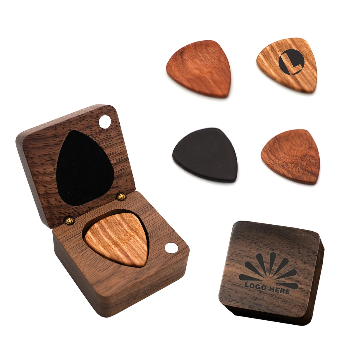 Custom Wooden Guitar Pick Set with Wooden Storage Box 1