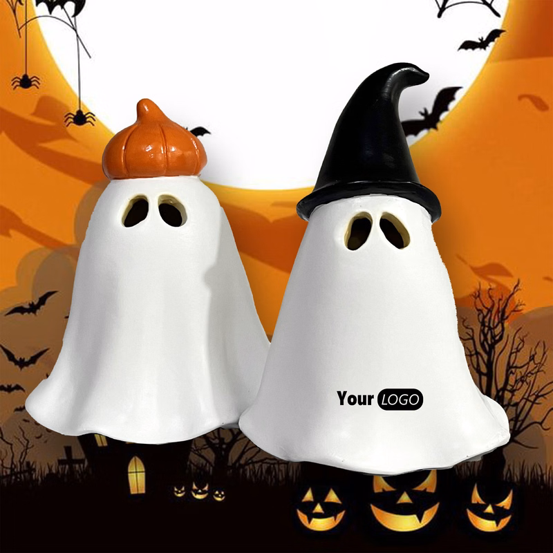 Resin Halloween Ghost Incense Burner ?C Eerie Glow With Pumpkin And Witch Hat