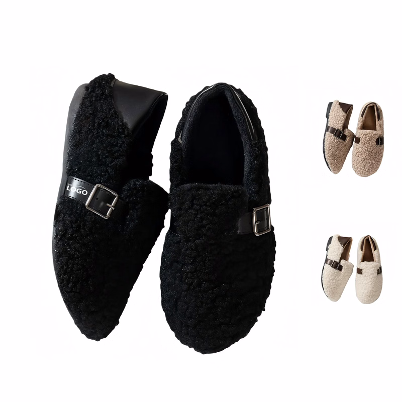 Low Top Women Shoes With Faux Sheep Fur And Grippy Sole