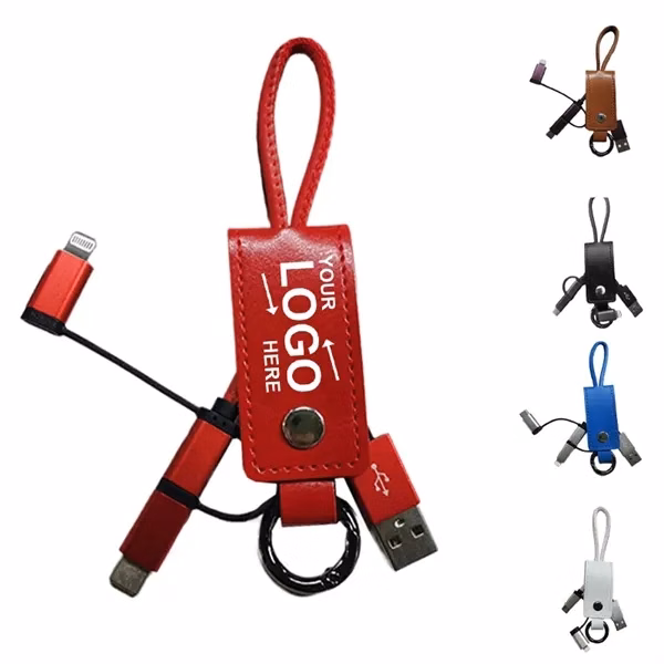Custom 3 in 1 PU Leather Data Cable with Keychain — Multi Device Essential