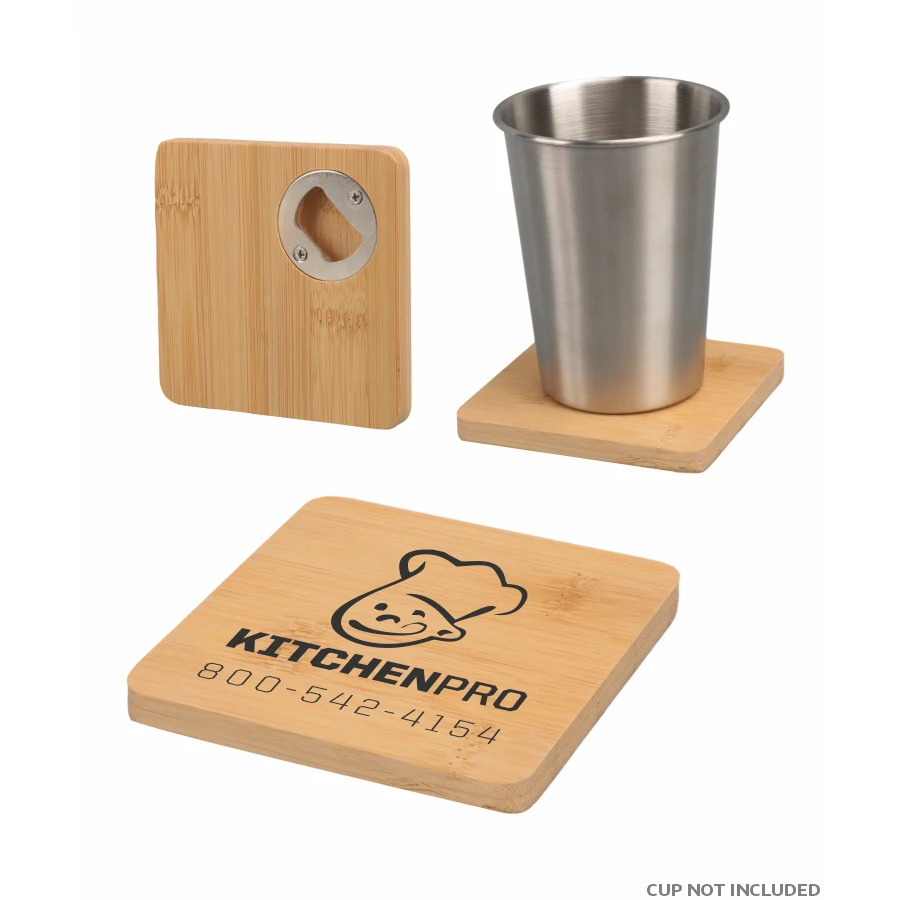 Union Printed - 4 inch Square Bamboo Coaster with Beer Opener - 1-Color Logo 1