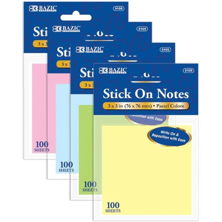 Stick On Note Packs - 100 Count 3" x 3" Assorted Colors 1