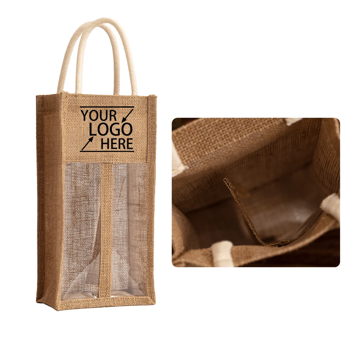 Jute Transparent Wine Tote Bag, custom tote bag with logo imprint 1