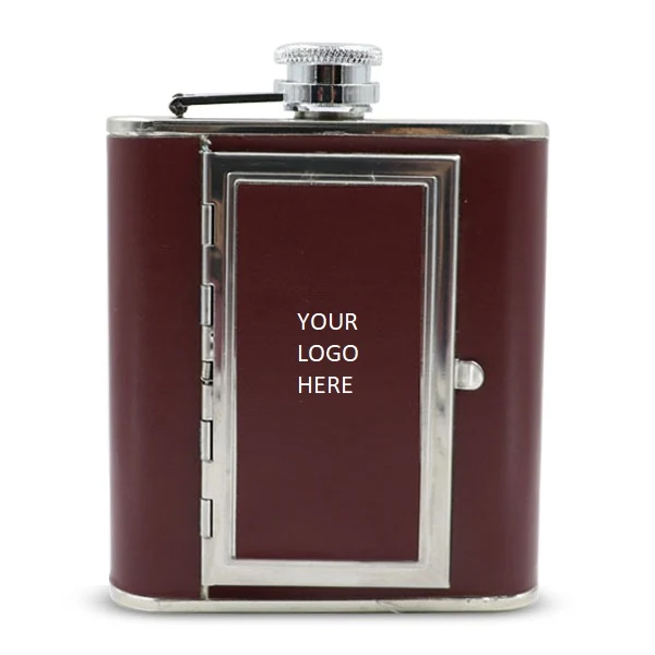 Leather Cover SS with Cigarette Case Hip Flask 5oz 1