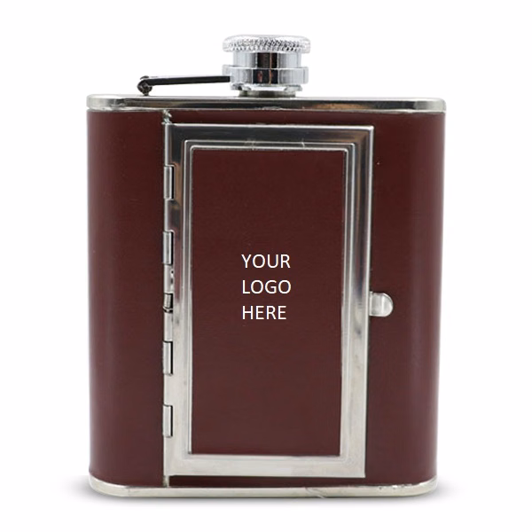 Leather Cover SS with Cigarette Case Hip Flask 5oz