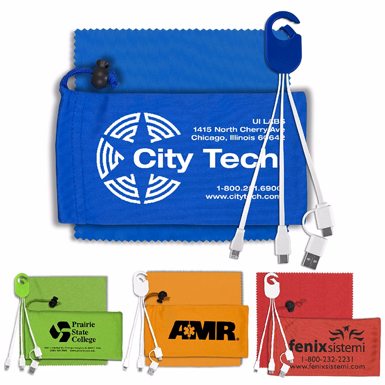 "RECHARGE PACK" Mobile Tech Charging Cable Kit in Microfiber Cinch Pack Components