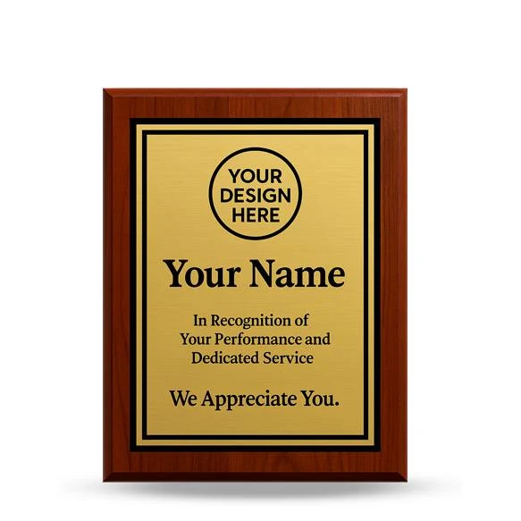 Plaque: 6x8" Cherry Wood Plaque w/ Gold metal plat 1